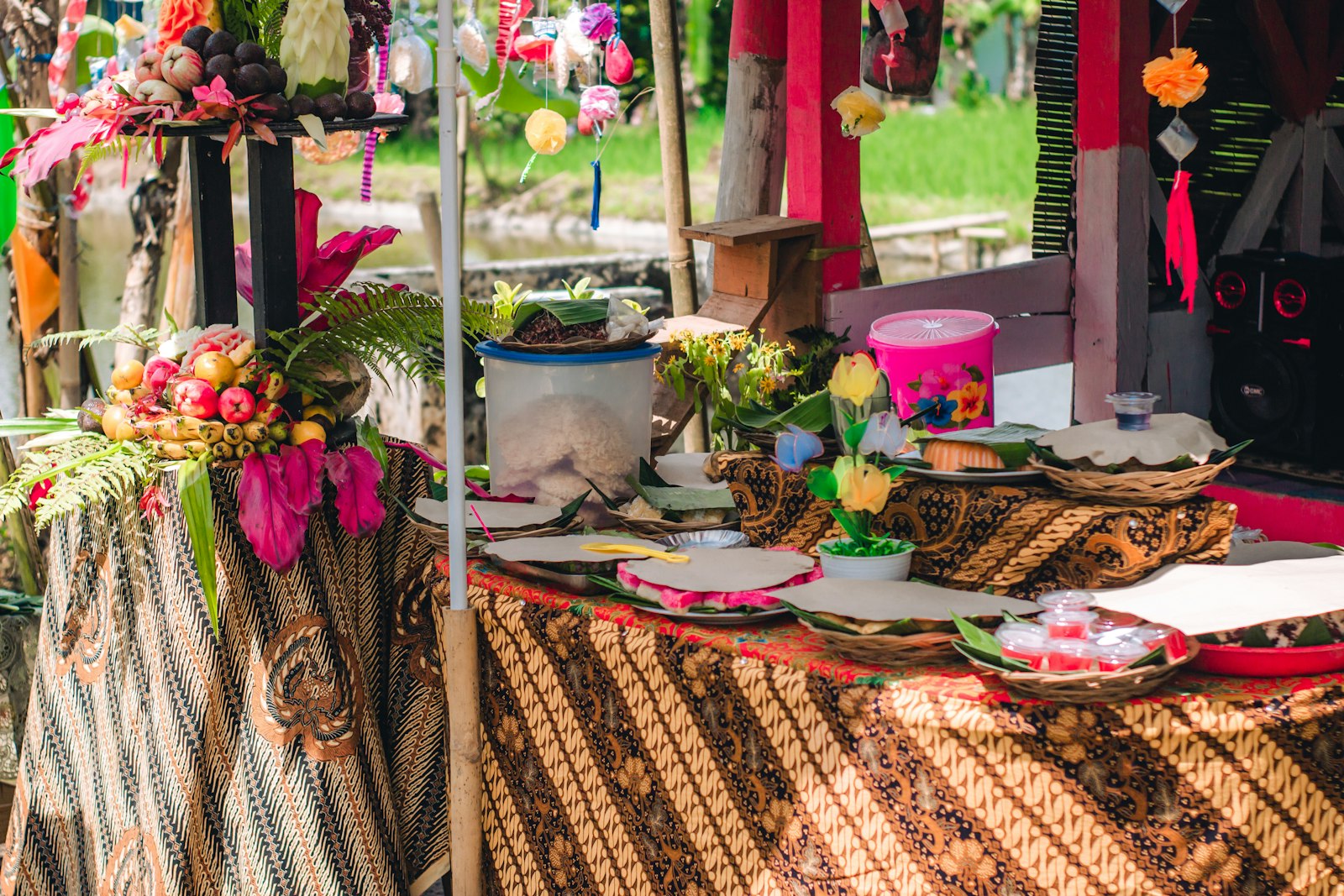 a table with food and flowers