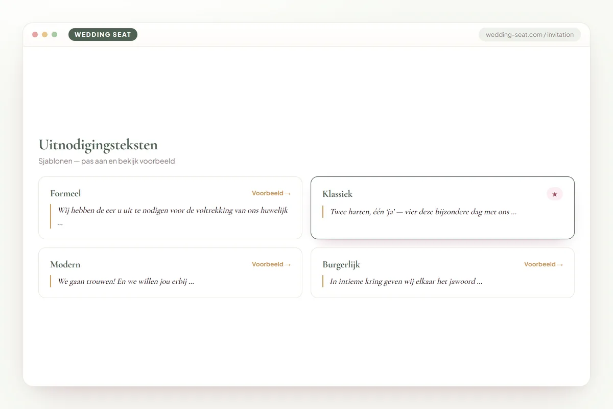 Wedding Seat — Uitnodigingsteksten · Sage & Olive