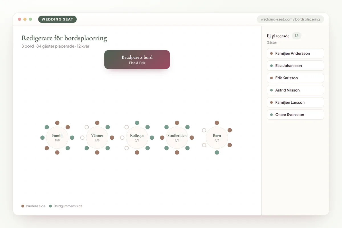 Wedding Seat — Redigerare för bordsplacering · Sage & Olive