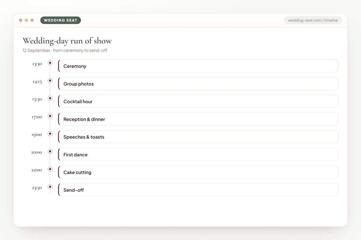 Wedding Seat — Wedding-day run of show · Sage & Olive