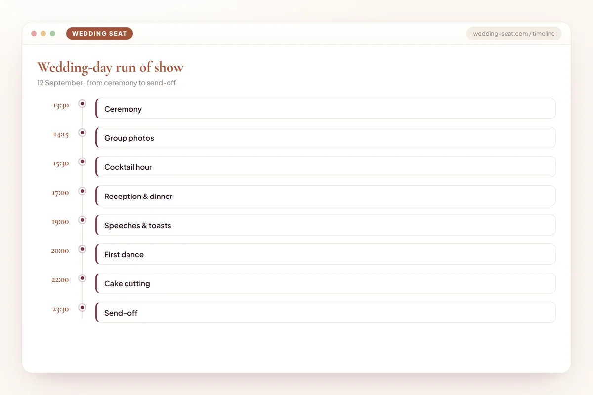 Wedding Seat — Wedding-day run of show · Terracotta