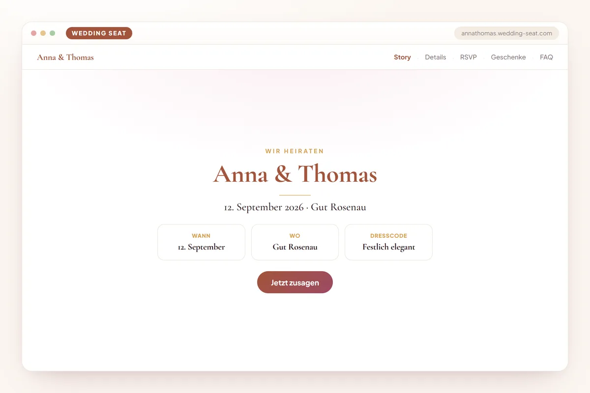 Wedding Seat — Anna & Thomas — Hochzeitswebsite · Terracotta