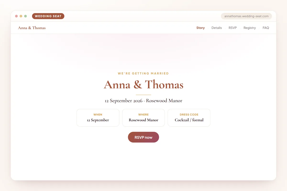 Wedding Seat — Anna & Thomas — Wedding website · Terracotta