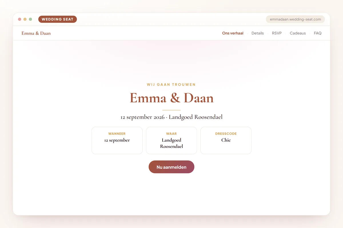 Wedding Seat — Emma & Daan — Trouwwebsite · Terracotta