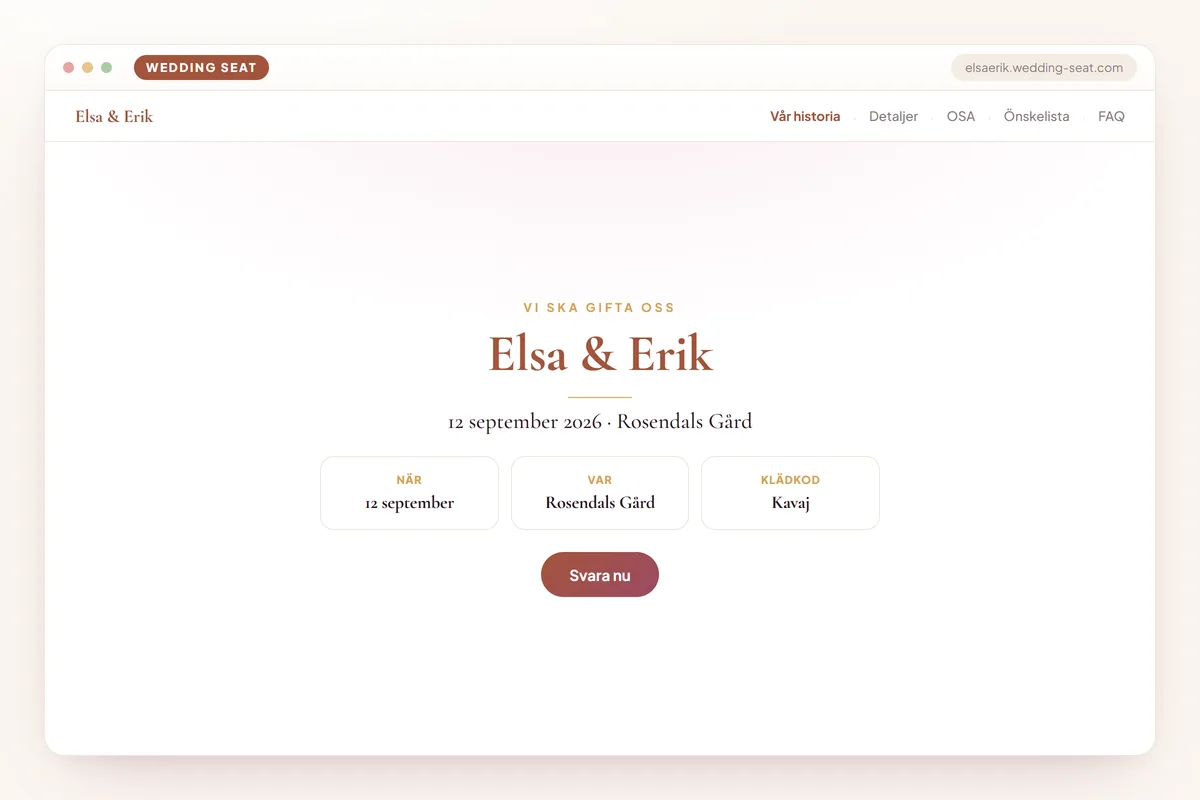 Wedding Seat — Elsa & Erik — Bröllopssajt · Terracotta